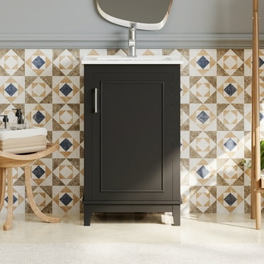 20 Inch Modern Small Bathroom Vanity Cabinet With Ceramic Basin- 20*15.5*33.3 Inches, Ample Storage, 1 Soft Close Door