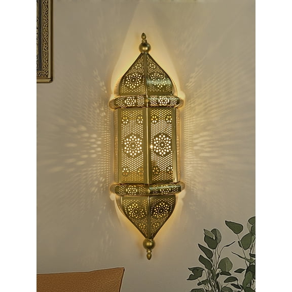 20-Inch Moroccan Gold Jali Wall Sconce | Ornate Arabic Steel Vertical Light Fixture