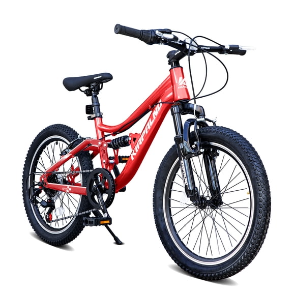 20 Inch Mountain Bike, 7-Speed Dual Suspension Bicycle with Steel Frame, Front & Rear V-Brakes, Adjustable Seat & Twist Shifter
