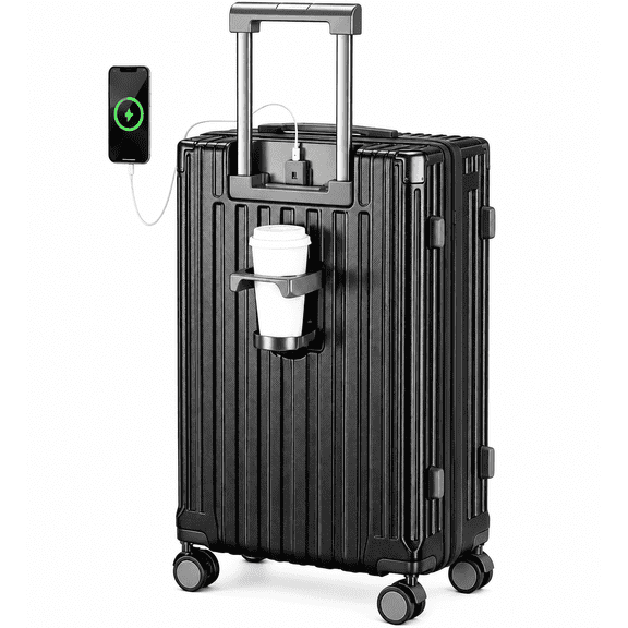 JaxSteam 20 inch Spinner Wheels USB Port Cup Holder Black Hardside Carry-on Luggage