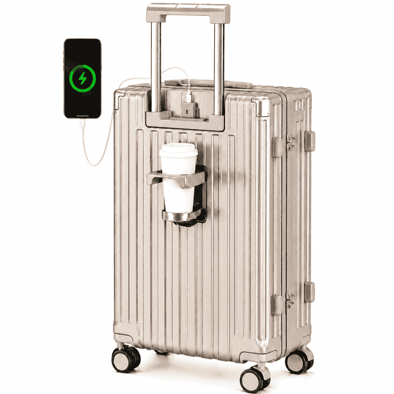 JaxShark 20 inch Spinner Wheels USB Port Cup Holder Champagne Hardside Carry-on Luggage