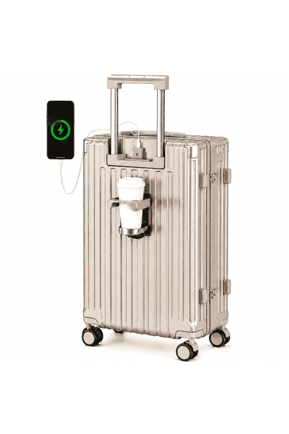 20 inch Spinner Wheels USB Port Cup Holder Champagne Hardside Carry-on Luggage