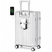 JaxSteam 20 inch Spinner Wheels USB Port Cup Holder Silver Hardside Carry-on Luggage