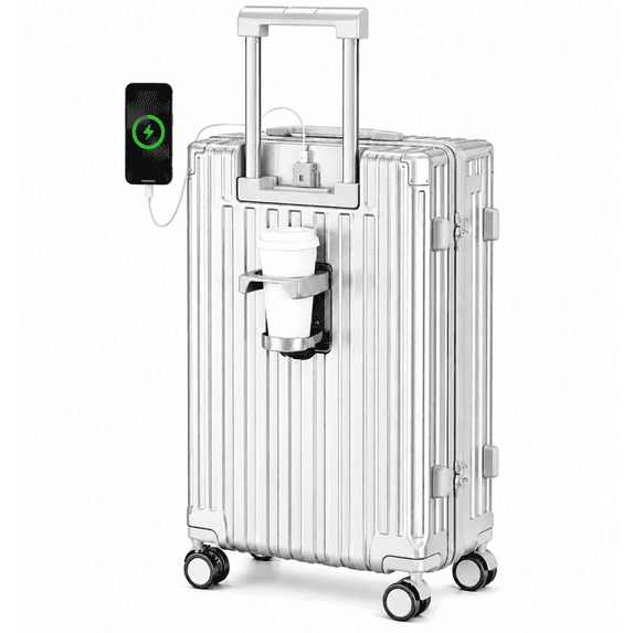 JaxSteam 20 inch Spinner Wheels USB Port Cup Holder Silver Hardside Carry-on Luggage