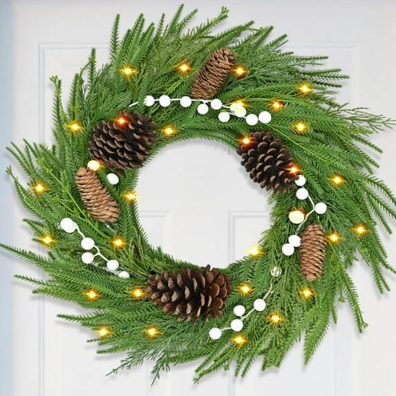 20 Inch Norfolk Pine Christmas Wreath with Pine Cones, with Lights Real Touch Wreath Outdoor Xmas Wreaths, Home Decor for Front Door Christmas Decorations