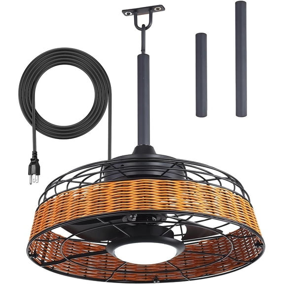 20 Inch Outdoor Ceiling Fan with Light and Remote -- Plug in Caged Gazebo Fan for Outside Patio Pergola Porch, Boho Woven Frame, Reversible Quiet DC , 15W Dimmable LED Lighting