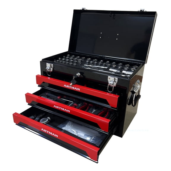 20 Inch Portable 3-Drawer Steel Tool Box, Heavy Duty Tool Storage Chest with Ball Bearing Drawers, Metal Latches & Top Tray, Handheld Tool Organizer for Garage Home Workbench