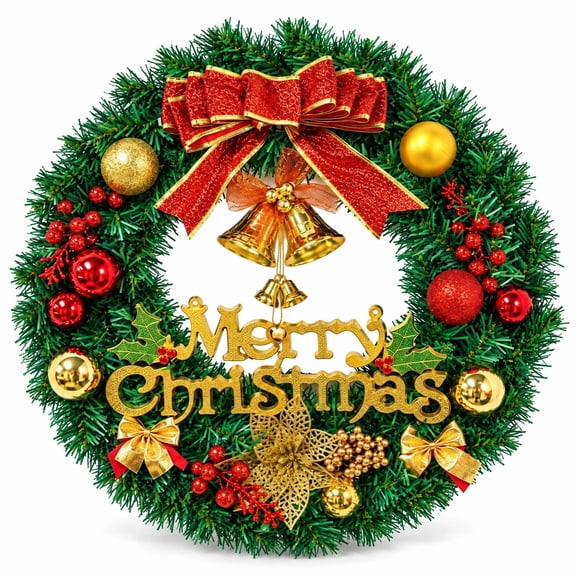20 Inch Pre‑Lit Christmas Wreath for Front Door, with Red Bow, Gold Bells, Merry Christmas Sign, Red & Gold Ornaments, Red Berries, Small Gold Bows, Indoor Outdoor Xmas Decor for Home Wall Window