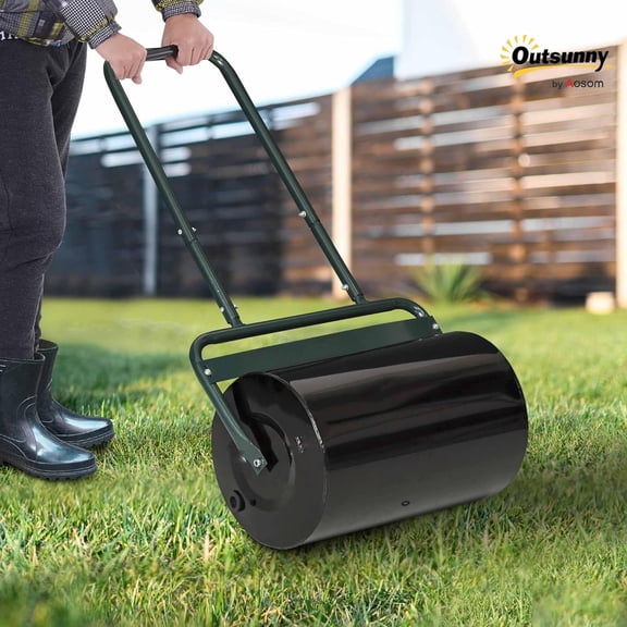 20-Inch Push/Tow Behind Lawn Roller Filled with 10 Gal Water or Sand, Yard Roller for Flattening Sod in The Garden, Dark Green