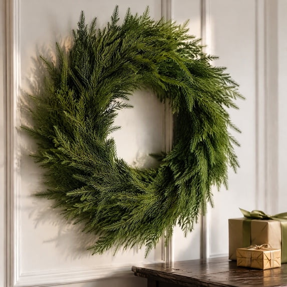 20 Inch Real Touch Norfolk Pine Christmas Wreath, Artificial Green Winter Wreath for Front Door, Indoor Covered Outdoor Holiday Home Wall Mantel Window Christmas Decor