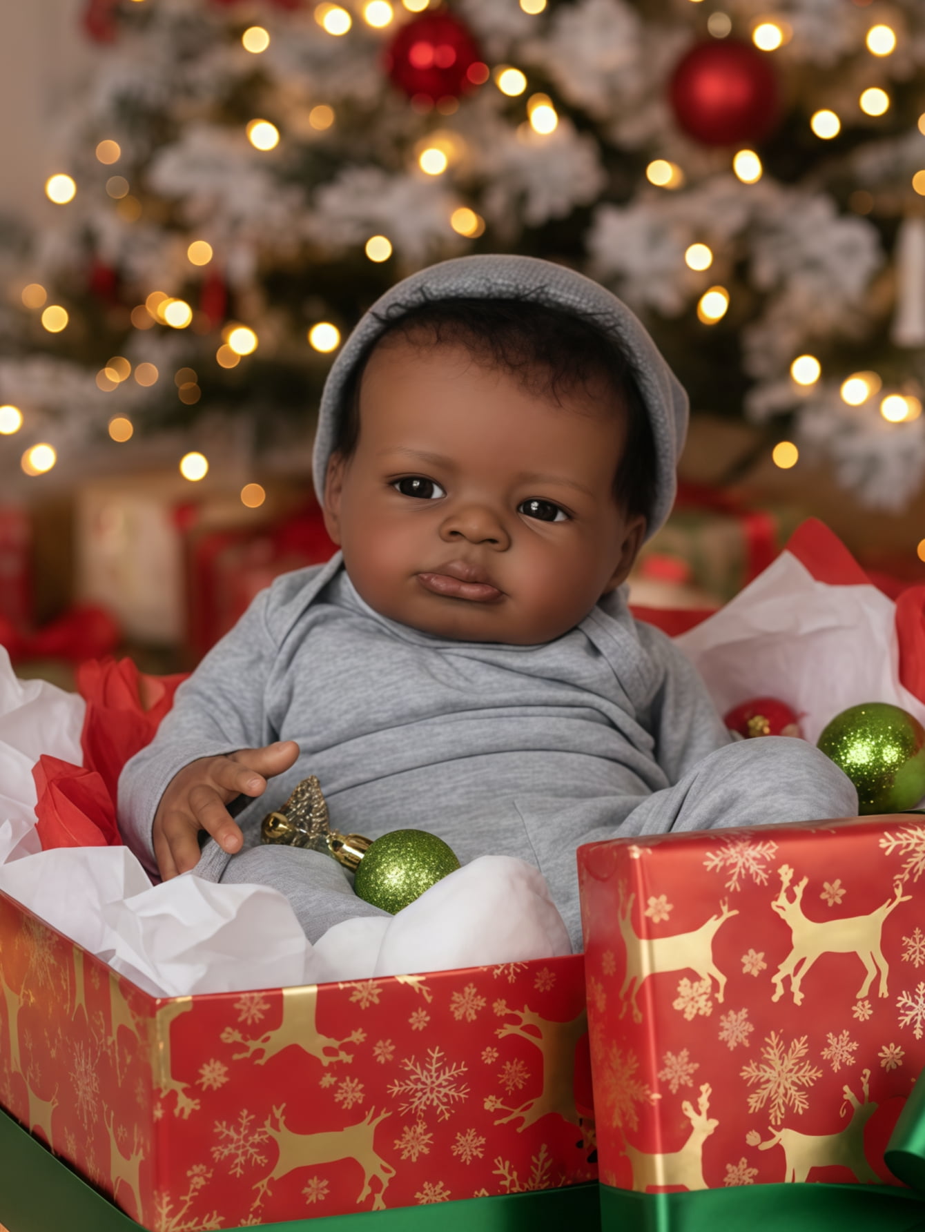 20 Inch Reborn Baby Doll Black Doll, Lifelike Baby Doll with Soft Cloth Body, Hand Rooted Curly Hair, Realistic African American Doll Toy for Kids Age 3+