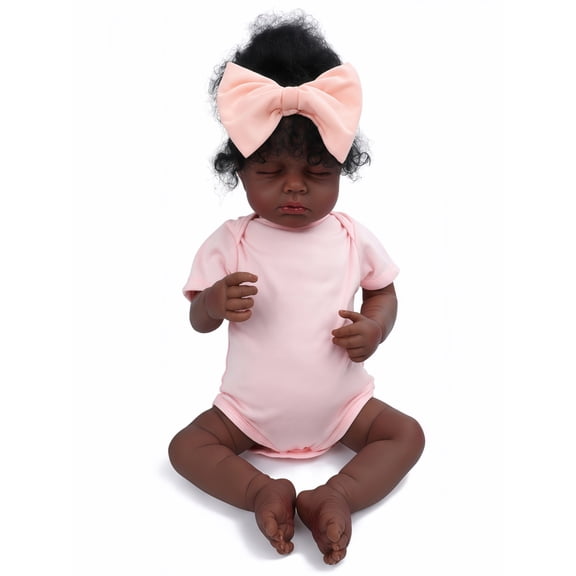 20 Inch Reborn Baby Doll Black Doll, Lifelike Baby Doll with Soft Cloth Body, Hand Rooted Curly Hair, Realistic African American Doll Toy for Kids Age 3+