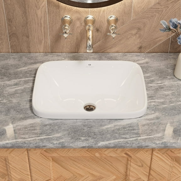 20 Inch Rectangle Drop In Bathroom Sink Without Overflow, Glossy White Semi-Recessed Vessel Sink, Includes Pop-up Drain Kit