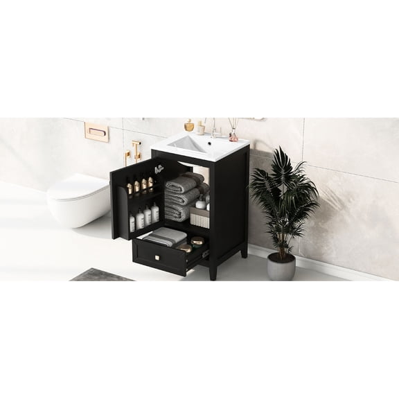 20 Inch Rectangular Black Vanity with Ceramic Sink Soft Closing Door for Quiet Bathroom Operation