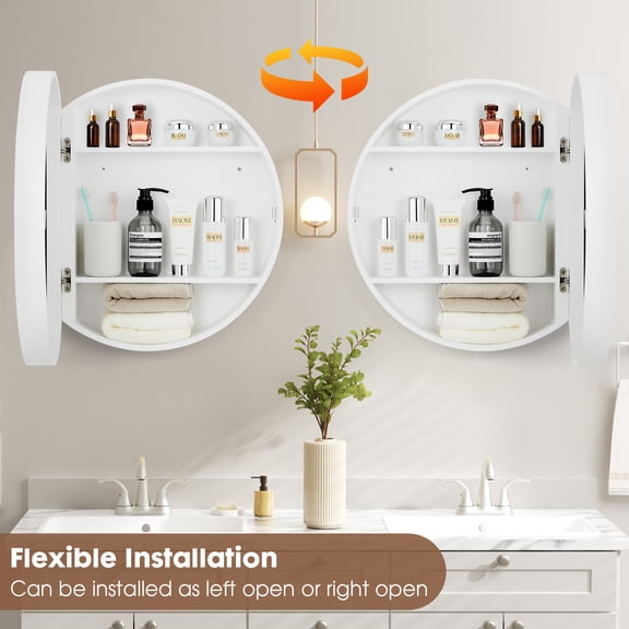 20 Inch Round Bathroom Medicine Cabinet with Mirror - White Wall Mount Mirrored Storage with Shelves, Shatterproof Glass, Adjustable Door Swing for Bathroom Vanity Organization