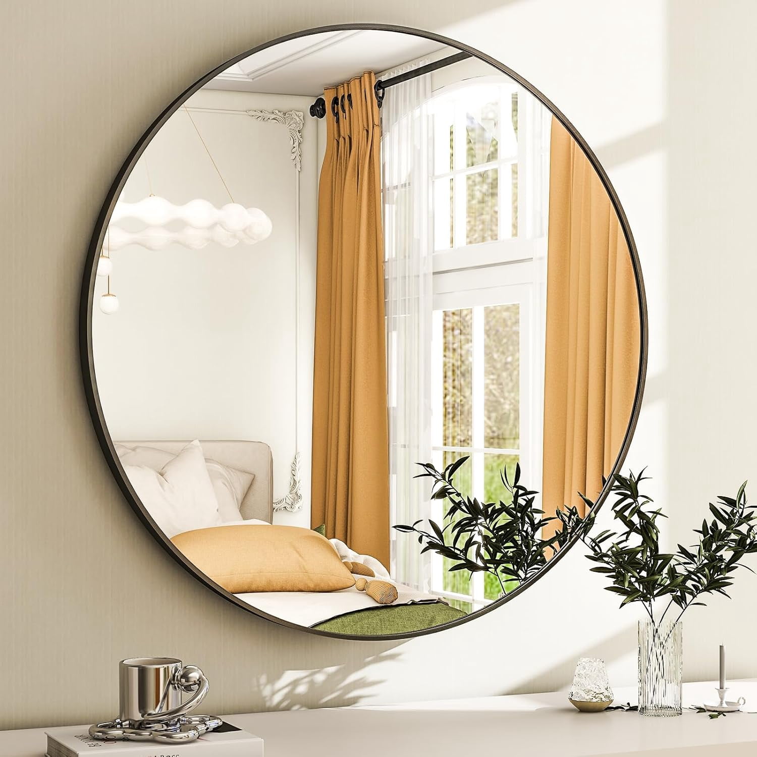 20 Inch Round Bathroom Mirror - Black Wall Mounted Circle Mirror with ...