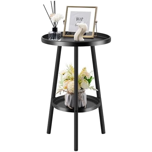 20 Inch Round Black 2 Tier End Table, Small Stable Metal Side Table for Nightstand Living Room Bedroom Sofa Couch Corner, Heavy Duty Indoor Accent Plant Stand Table with 3 Metal Legs$$Furniture