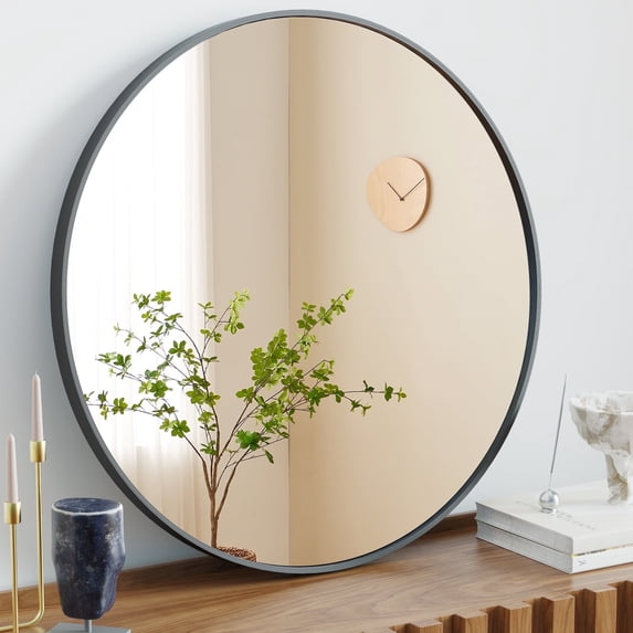 20 Inch Round Black Bathroom Mirror - Shatterproof Aluminum Frame Wall ...