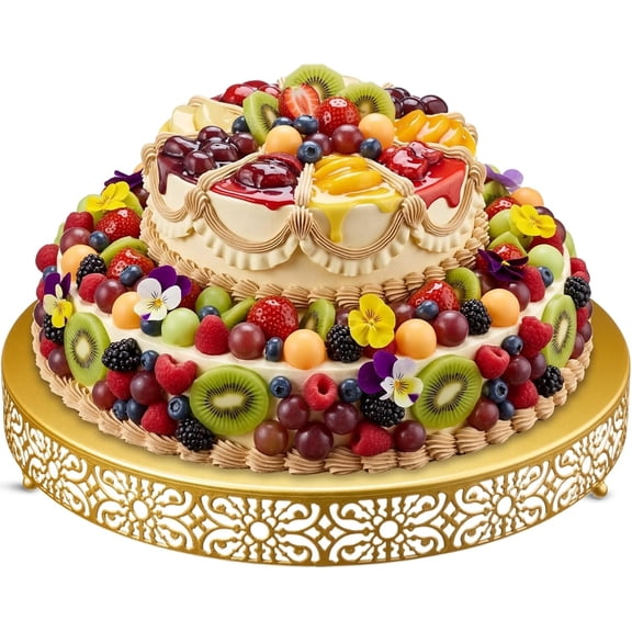 20 Inch Round Gold-Tone Metal Cake Stand with Lace Pattern for Desserts, Cupcakes, Cookies, Fruit and Food Display