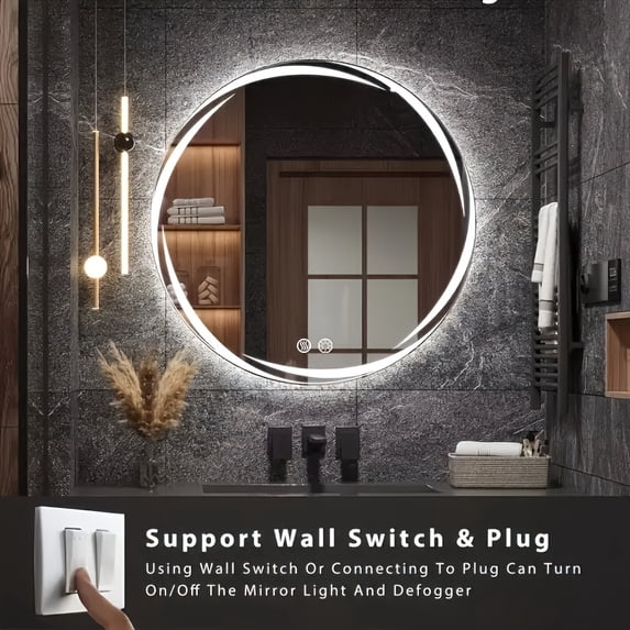 20 Inch Round LED Bathroom Mirror with Lights, Anti-Fog & Dimmable, Wall-Mounted Vanity Mirror, Memory Function, Tempered Shatter-Proof Glass, Plug-in / Hardwired, Modern Bathroom Decor