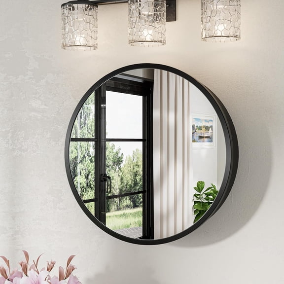 20 Inch Round Medicine Cabinet with Mirror, Black Medicine Cabinet with Mirrors, Circular Surface Mount Medicine Cabinets, Framed Farmhouse Bathroom Cabinet with Adjustable Shelves