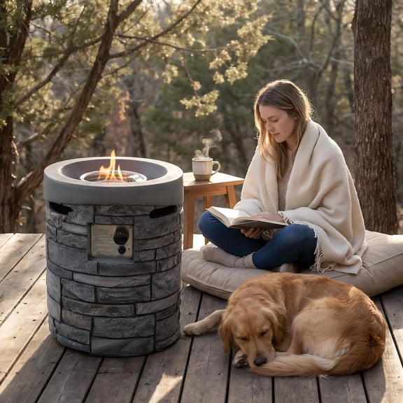 20 Inch Round Outdoor Gas Fire Pit, 32,000 BTU CSA Certified Propane Fire Pit with Stone/Wood Grain Finish, Lava Stones & Rainproof Cover for Patio Backyard