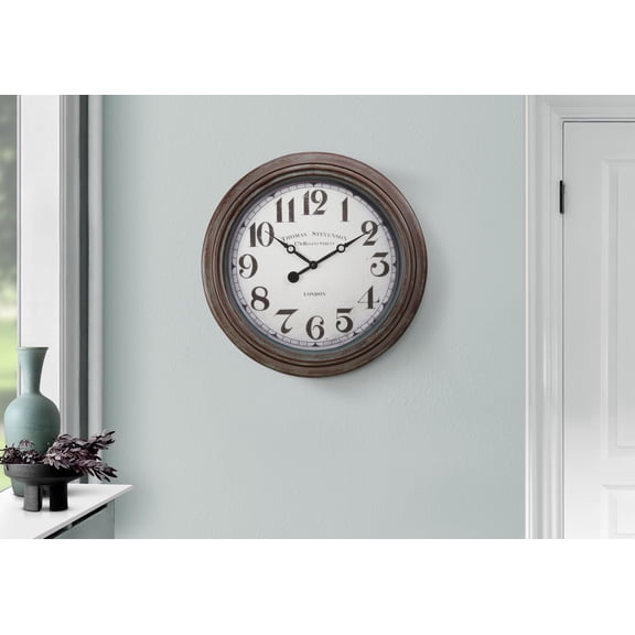 20 Inch Round Wall Clock, Antique Brown, Transitional Style, Silent Sweep