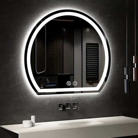 20 Inch Semi-Circular LED Bathroom Mirror Anti-Fog Dimmable Shatterproof Memory Plug Hardwired Wall Mount Makeup Vanity Decor Mirror