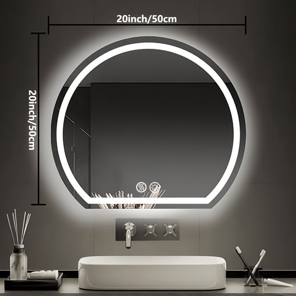 20 Inch Semi-Circular Smart LED Bathroom Mirror, Anti-Fog Dimmable Wall-Mounted Vanity Mirror, HD Shatter-Proof Tempered Glass, Memory Function, US Standard Plug