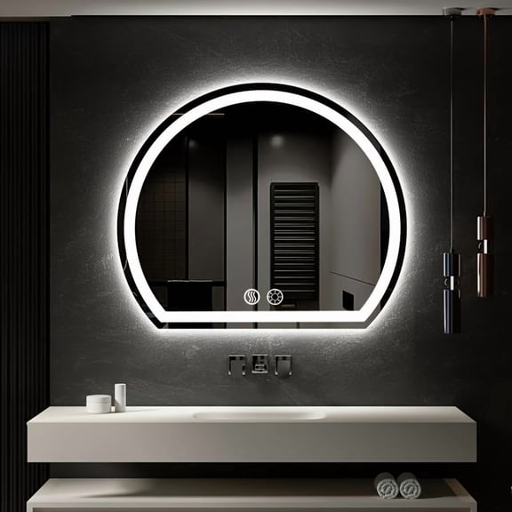 20" Semi-Circular LED Bathroom Mirror Anti-Fog Dimmable Shatterproof Memory US Plug Wall Vanity Mirror