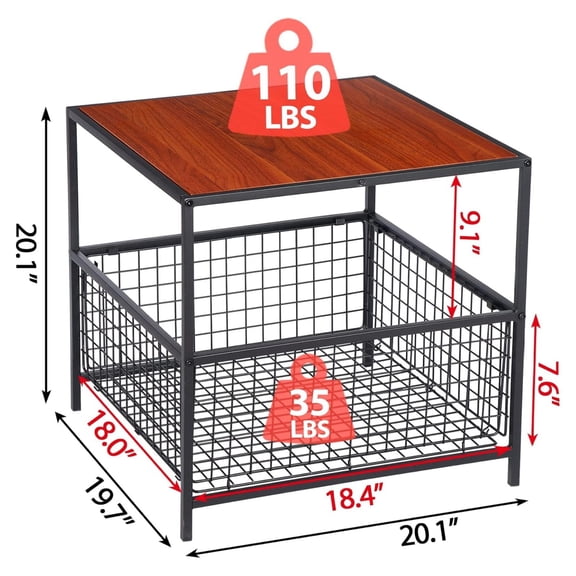 20 Inch Side Table with Storage Basket, End Table Nightstand for Living Room Bedroom, Easy Assembly, Red Mahogany Wood Grain