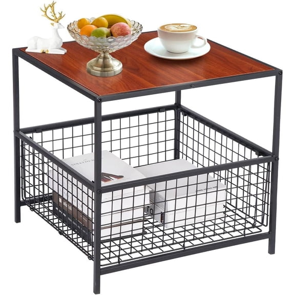20 Inch Side Table with Storage Basket, End Table Nightstand for Living Room Bedroom, Easy Assembly, Red Mahogany Wood Grain
