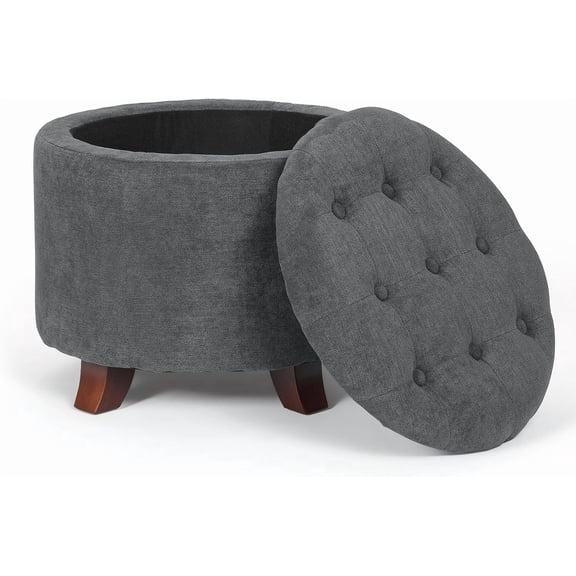 20 Inch Small Ottoman with Storage, Round Linen Fabric Storage Ottoman with Removable Lid, Stylish Footstool Foot Rest for Living Room, Bedroom, Dorm, Dark Grey