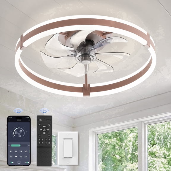 Lokivas 20" Brown Modern Ceiling Fan with Light, Flush Mount, Quiet 6 Speeds, Dimmable LED, App and Remote Control for Indoor
