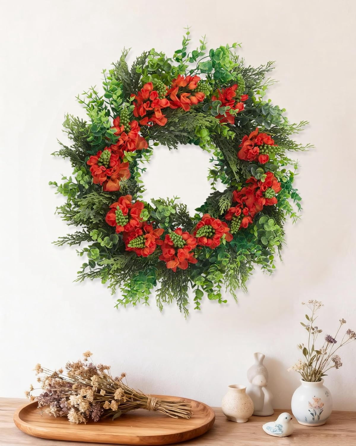 20 Inch Spring Summer Wreaths for Front Door, Artificial Flowers Violet Silk Floral Wreaths with Fake Plants Green Eucalyptus Leaves for Outdoors Farmhouse Wall Wedding Porch Home Decor