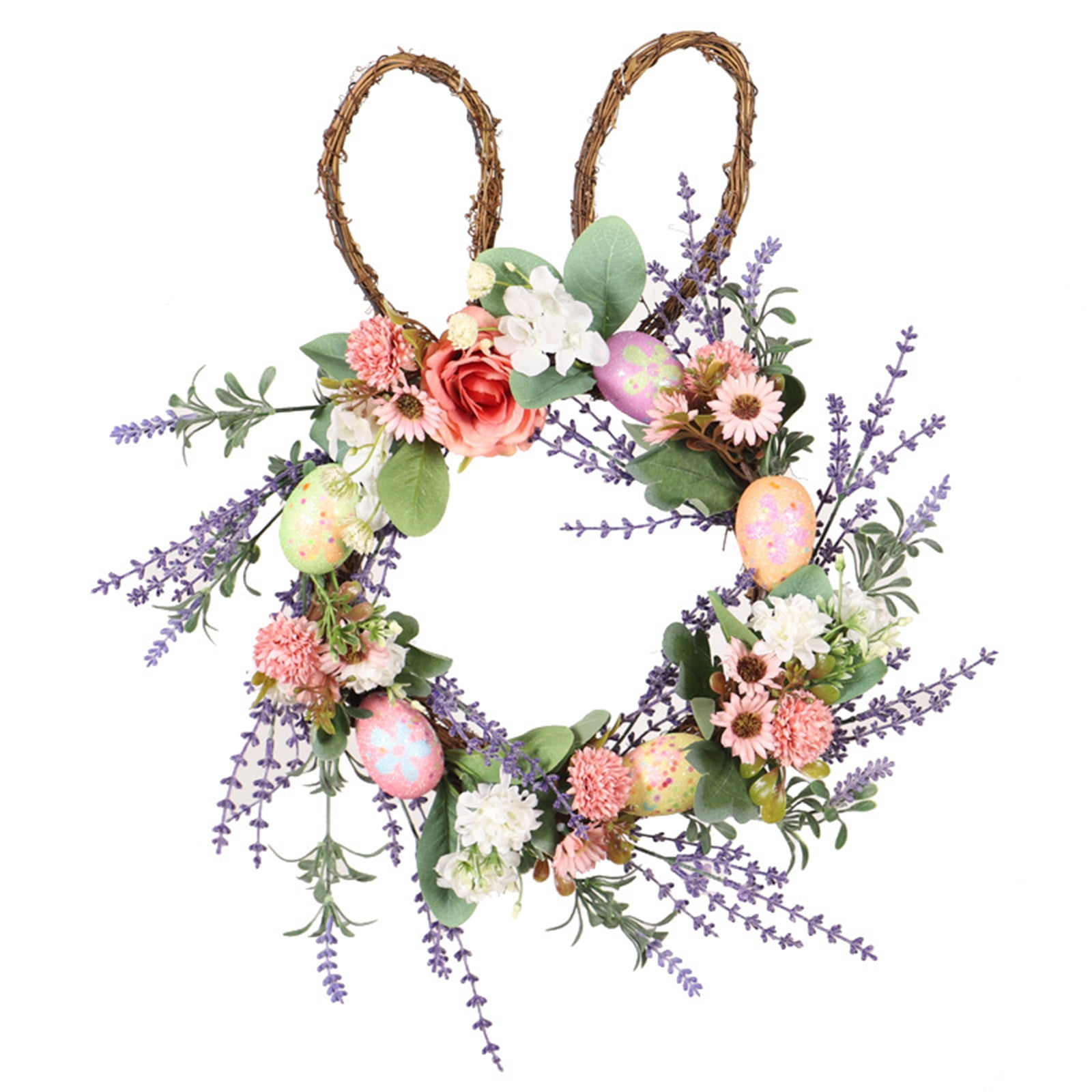 20 Inch Spring Wreath Cute Easter Bunny Wreath with Eggs Flower Leaves for Home Front Door Hanger Indoor Outdoor