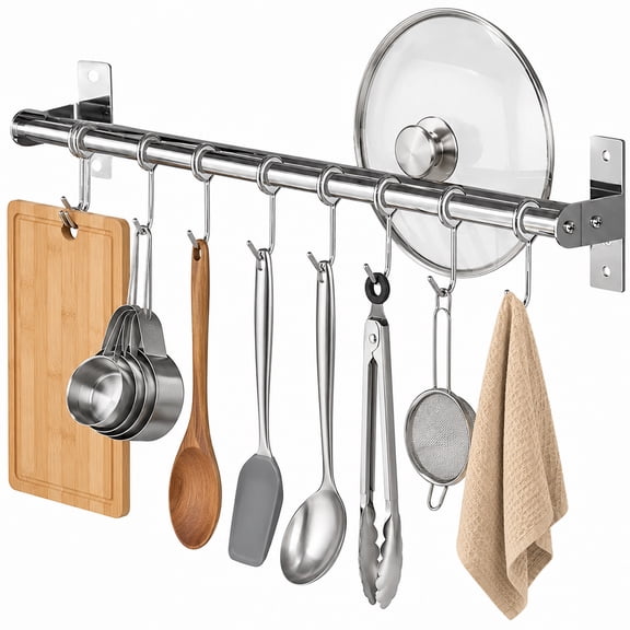 Stainless Steel Kitchen Rail, Wall Mount Utensil Rack with 8 Hooks, No Drill Pot Hanger Organizer for Pan and Tool Storage