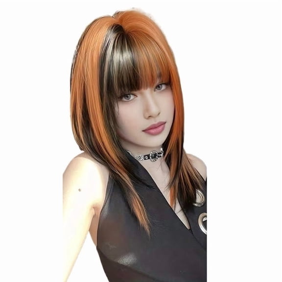 20-Inch Straight Orange Hair Wig with Natural Bangs for Women - High Gloss Party Look
