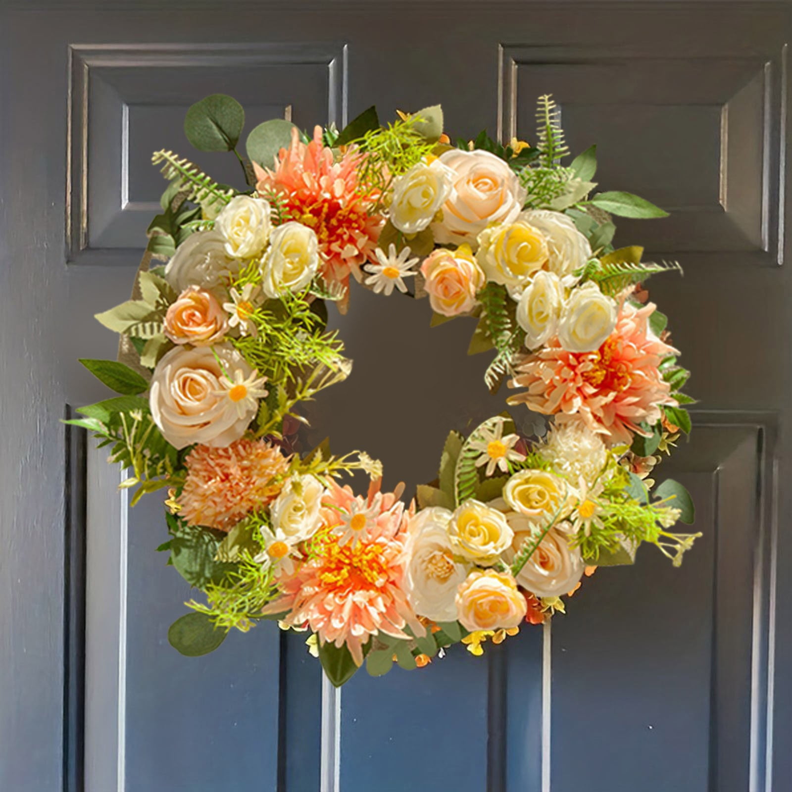 20 Inch Summer Roses Wreath for Front Door, Artificial Floral Wreath ...