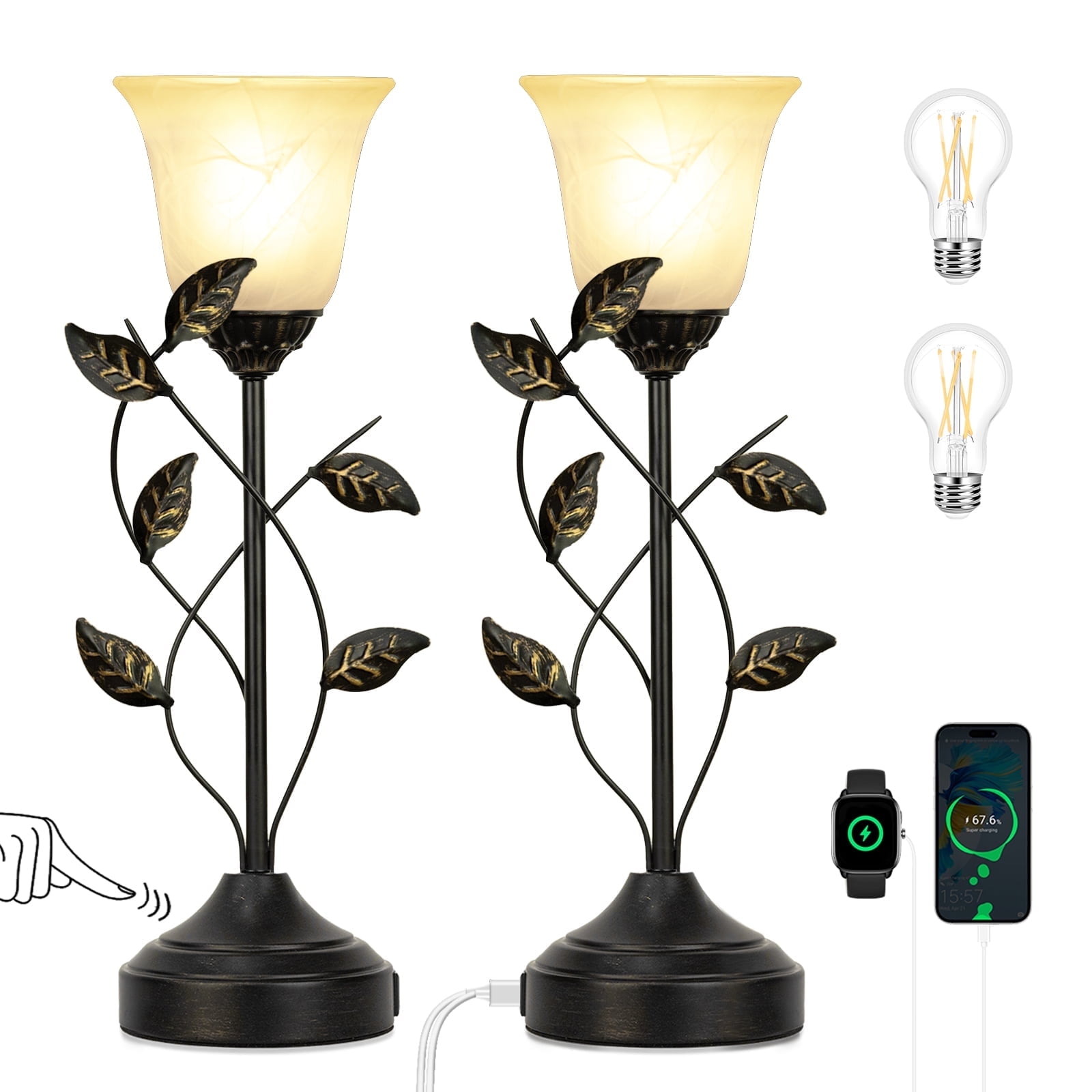 20 Inch Table Lamp for Bedroom with White Glass Shade, Retro Leaf Design Bedside Lamps Set of 2, 3-Way Dimmable Touch Control Lamps for Night Stands Two USB Charging Ports Table Lamp for Living Room