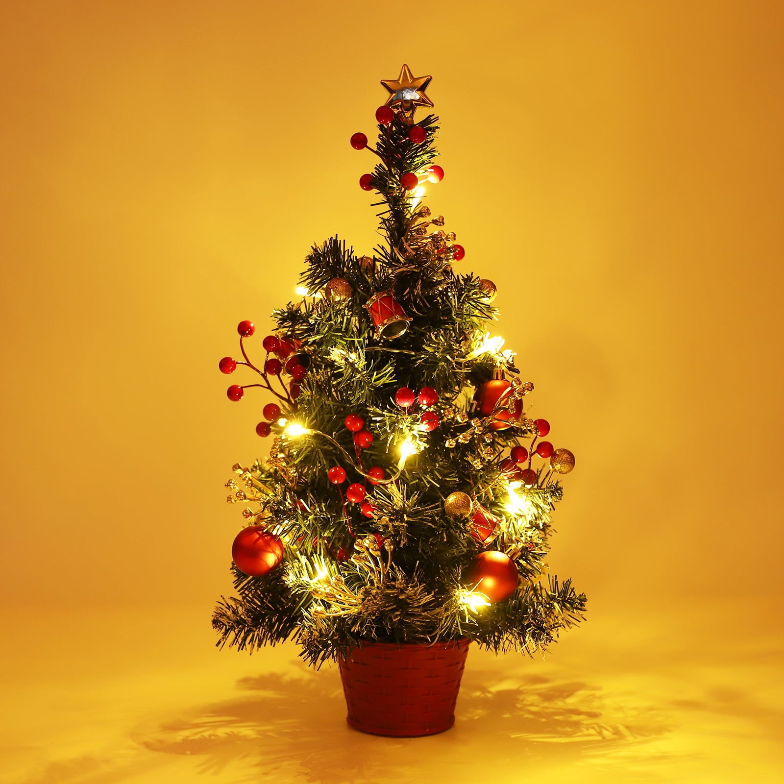 20 Inch Tabletop Mini Christmas Tree Pre-lit Artificial Mini Christmas Tree with Warm LED Lights, Red Berries Balls Ornaments for Christmas Home Indoor Decorations