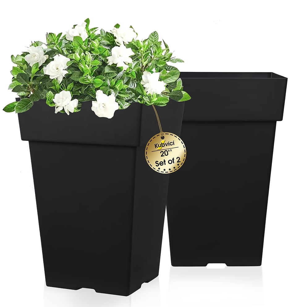 20 Inch Tall Planters for Outdoor Indoor Plants, Set of 2 Large Plastic Plant Pots Flower Pot Outdoor Planter for Front Porch Door Balcony Deck with Drainage, with Removable Wheel, Black 20"