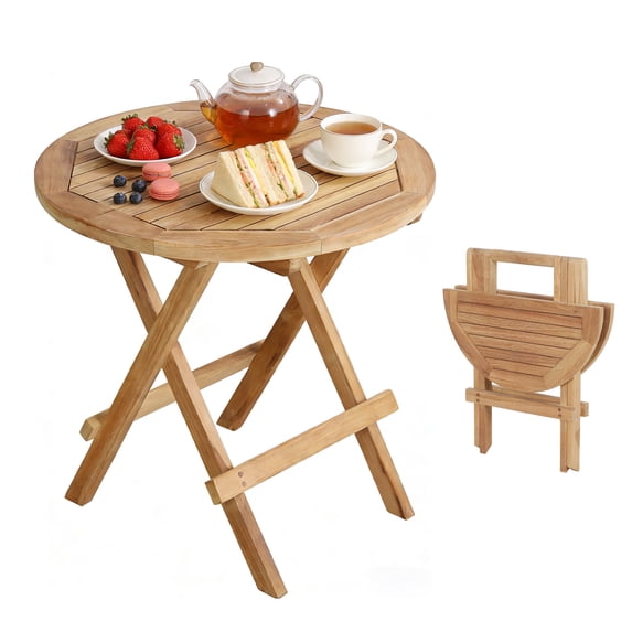 20-Inch Teak Wood Folding Coffee Table – Round Outdoor Camping Table for Backyard, Porch, Balcony & Travel – Portable & Space-Saving