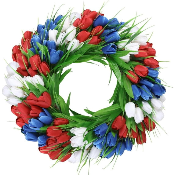 20 Inch Tulip Wreath, Hanging Floral Garland, Silk Spring Front Door Wreath for Festivals Celebrations, Welcoming Guests, Home Decor, Wall or Window Decor (Red White Blue)