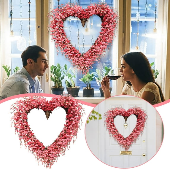 20 Inch Valentine's Day Heart Shaped Floral Wreath - Artificial Spring Summer Wreath, Pink Blossom & Berries Design for Front Door Window Wall, Wedding Festival Home Decor