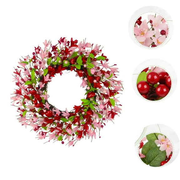 20 Inch Valentine's Day Wreath, Valentines Day Wreaths for Front Door with Pink Forsythia Flowers, Heart Shaped Berries and Green Leaves for Window, Wall and Anniversary Party Decorations