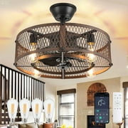 20-Inch Walnut Outdoor Ceiling Fan with Light: Smart App/Remote Control, Farmhouse Cage Design, 6-Speed Reversible - Flush Mount for Patio, Kitchen, Bedroom