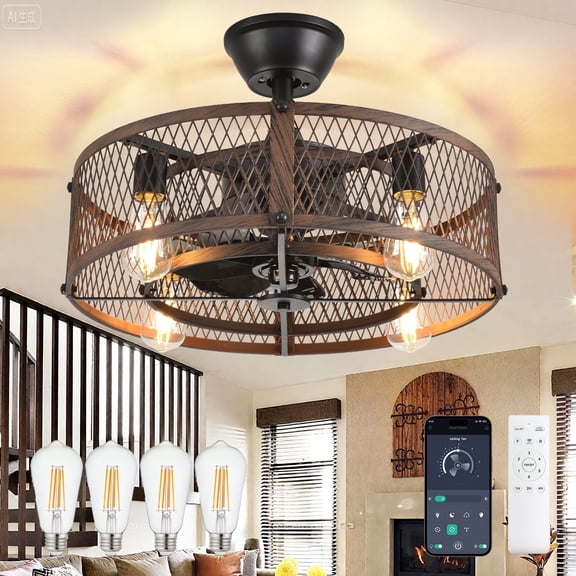 20-Inch Walnut Outdoor Ceiling Fan with Light: Smart App/Remote Control, Farmhouse Cage Design, 6-Speed Reversible - Flush Mount for Patio, Kitchen, Bedroom