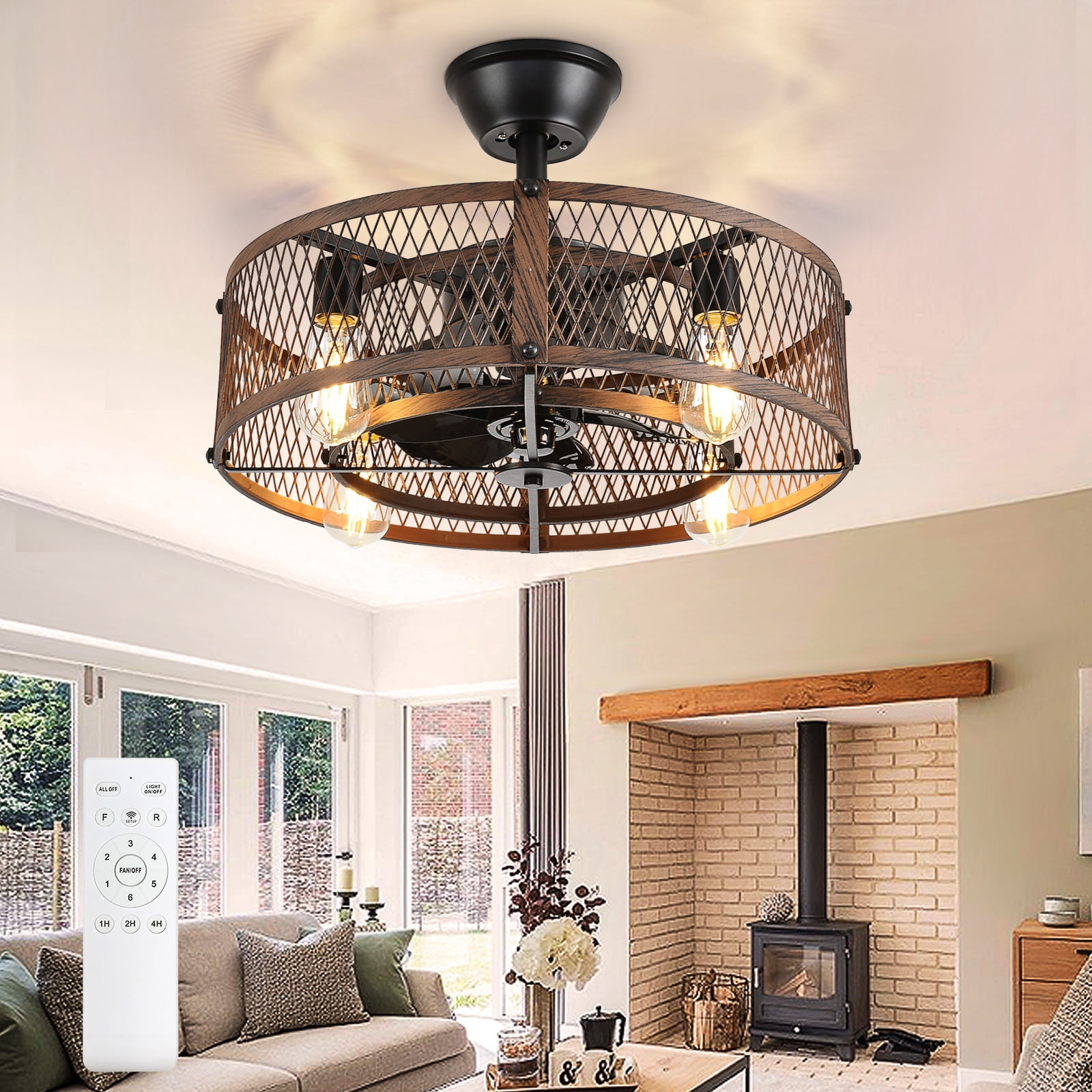 20-Inch Walnut Outdoor Ceiling Fan with Light: Ceiling Fan with Smart Remote Control, Farmhouse Cage Design, 6-Speed Reversible - Flush Mount for Patio, Kitchen, Bedroom