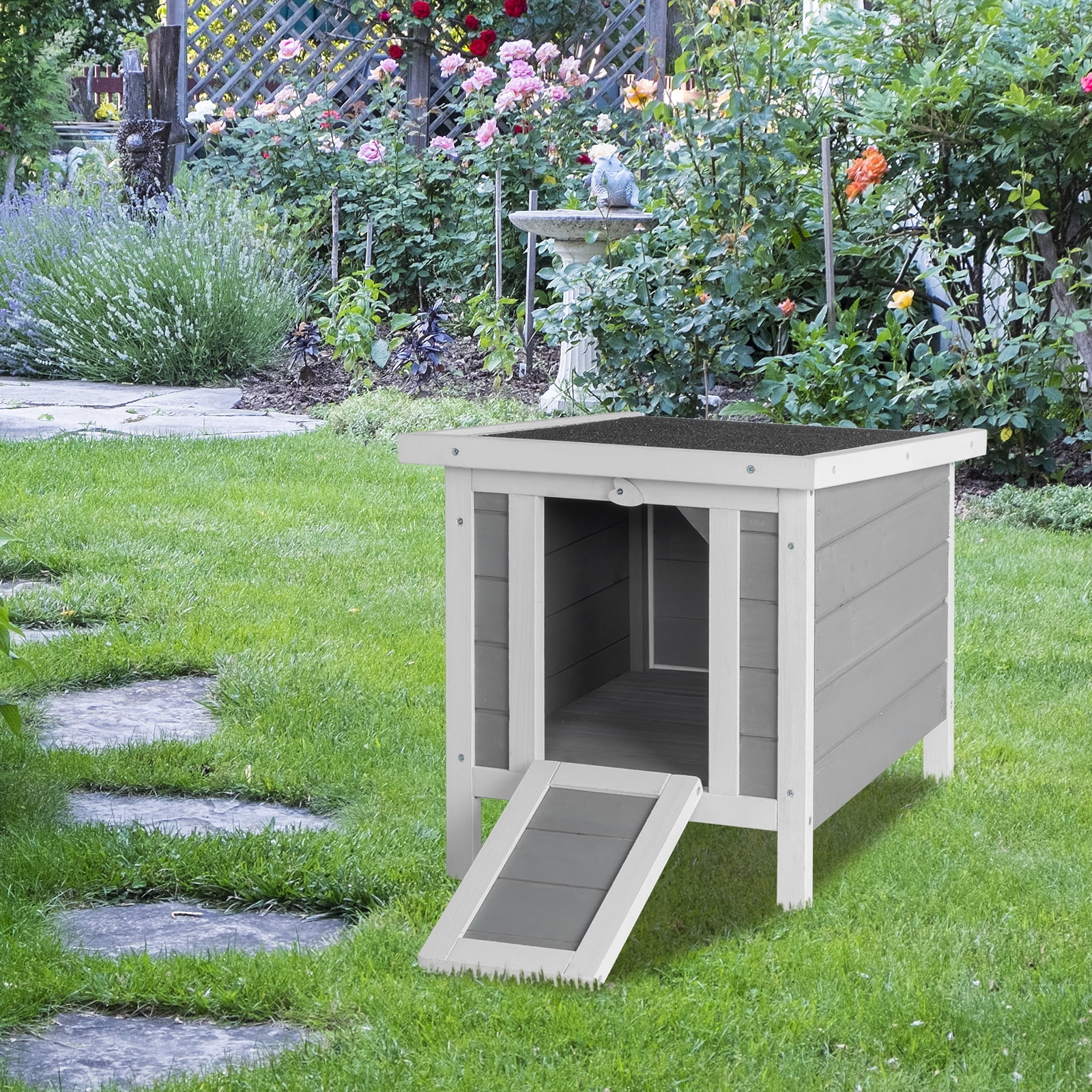 20 Inch Waterproof Fir Wood Rabbit Hutch, Elevated Weather Resistant Bunny House With Asphalt Roof Flip-Up Top Ramp Door Small Pet Habitat Indoor Outdoor